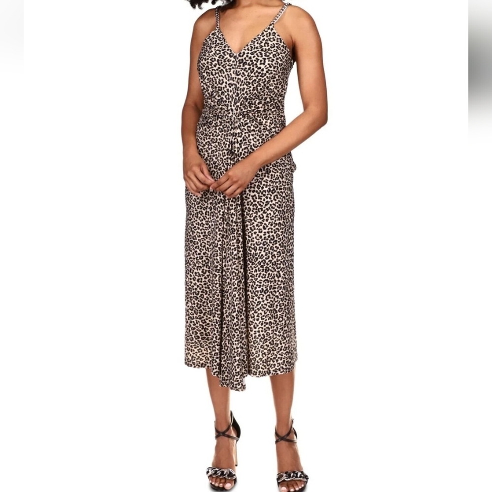 Michael Kors Stretch Leopard Slip Dress Womens Large Chain Straps Cocktail Party